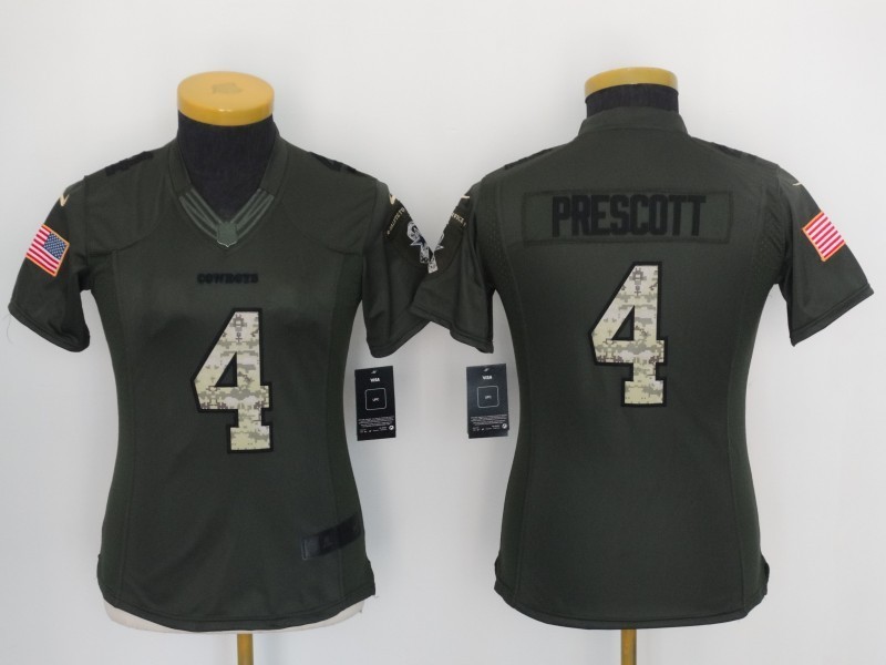 Womens Dallas Cowboys #4 Dak Prescott Green Salute TO Service Jerseys